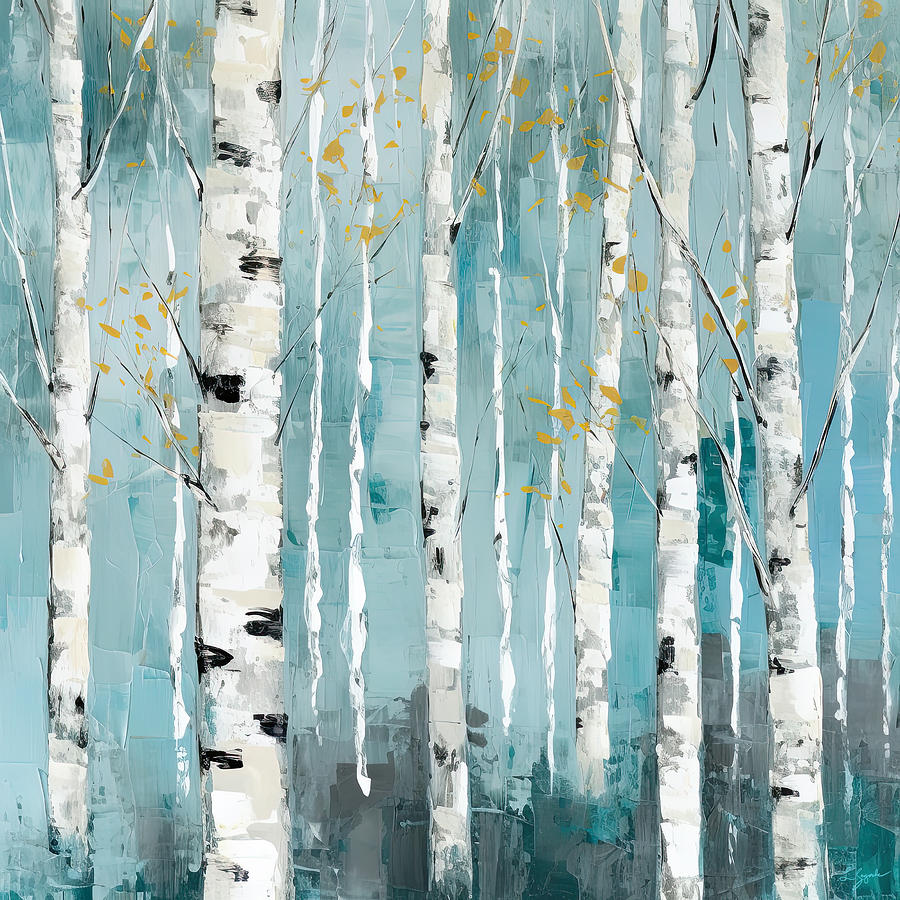 Turquoise Birch Trees Painting