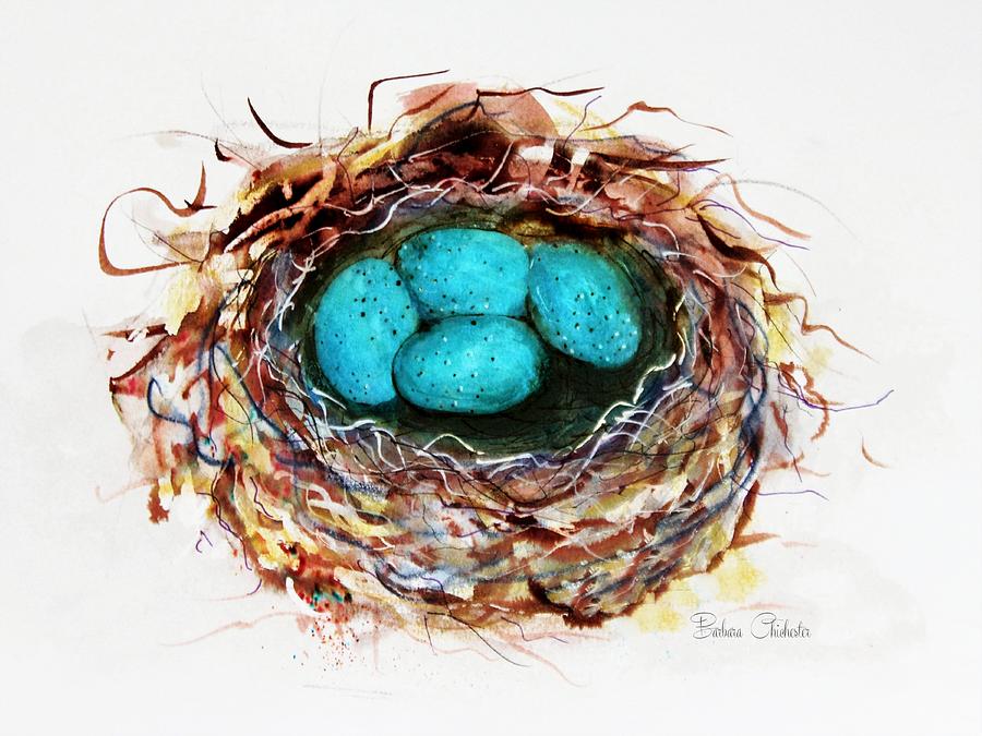 Turquoise Bird Eggs Painting by Barbara Chichester