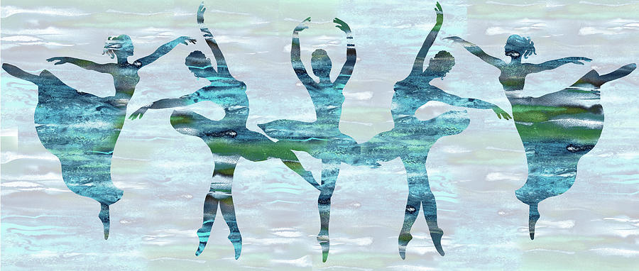 Turquoise Blue Ballerinas Watercolor Silhouettes Painting