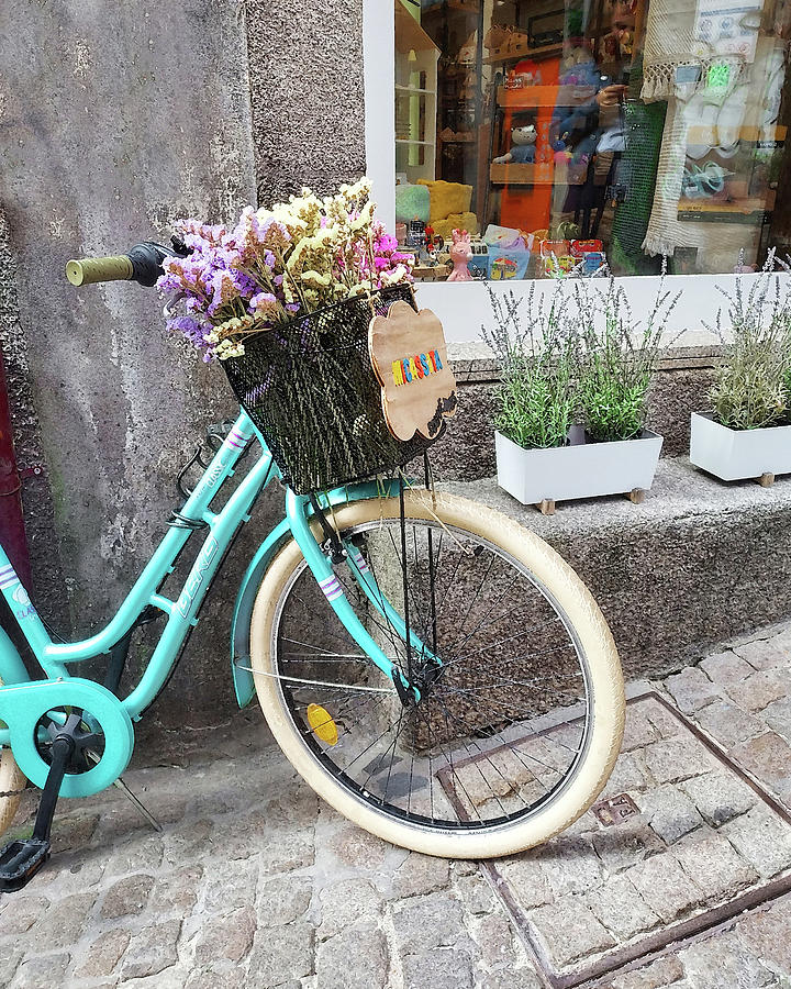 Turquoise Blue Bicycle With Basket Of Flowers Near Window Shop Digital Art by Irina Sztukowski