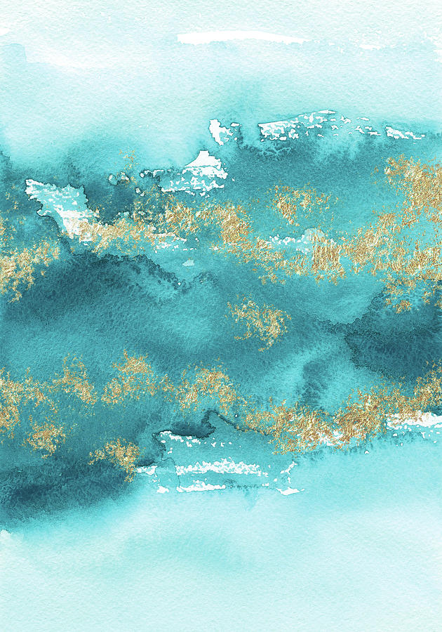 Turquoise Blue, Gold And Aquamarine Painting by Garden Of Delights