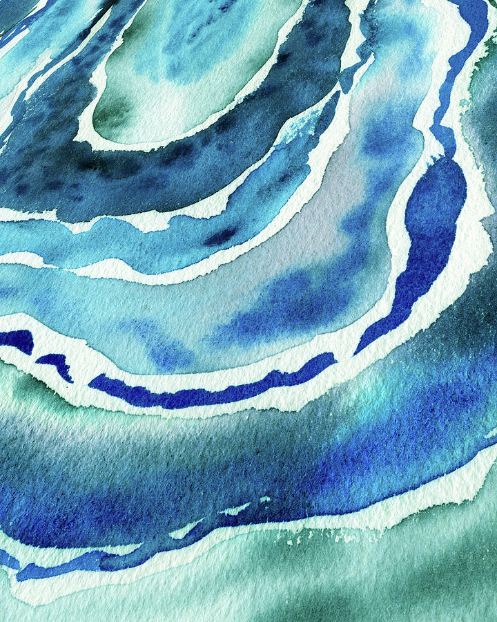 Turquoise Blue Harbor Wave Ocean Beach Abstract Watercolor Painting
