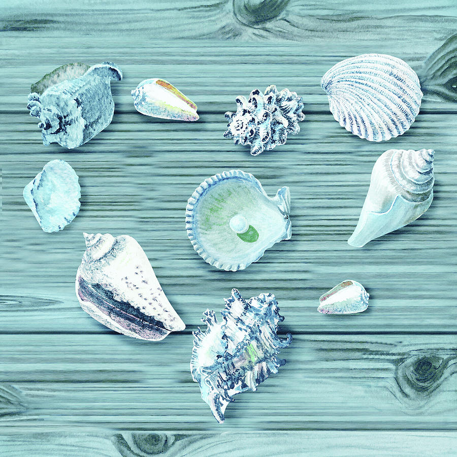 Turquoise Blue Seashells Heart On Ocean Shore Wooden Deck Beach House Art  Painting by Irina Sztukowski