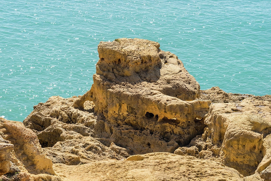 Turquoise Diamonds and Gold - Sea Sculpted Clifftop on Algarve Gold Coast in Portugal Photograph by Georgia Mizuleva