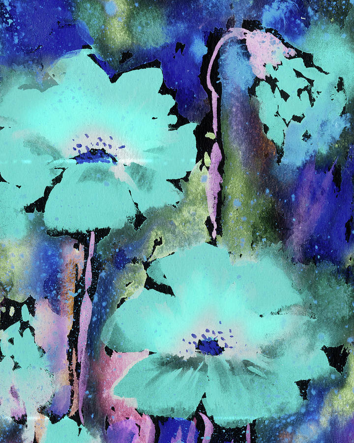 Turquoise Flowers Purple Garden Abstract Watercolor  Painting by Irina Sztukowski