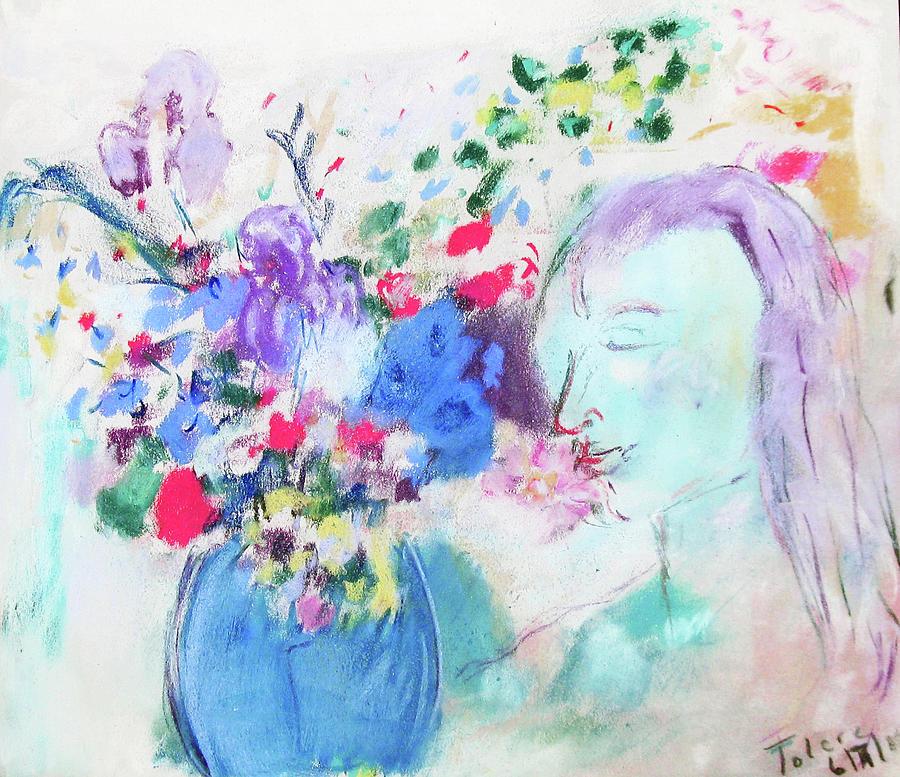 Turquoise girl and flowers Painting by Studio Tolere