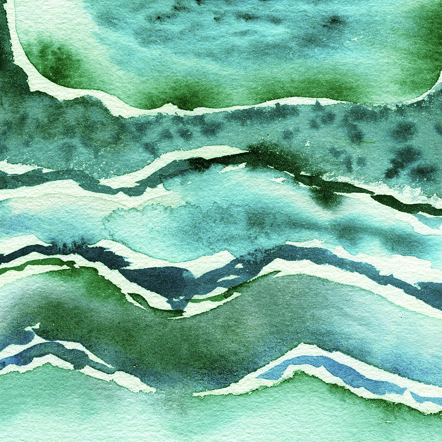 Turquoise Green And Blue Waves Organic Abstract Watercolor Painting
