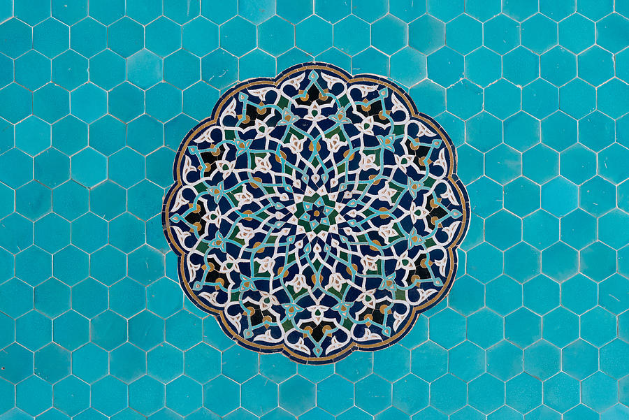 Turquoise Mosaic on a wall of Jameh Mosque in Yazd, Iran Photograph by Jean-Philippe Tournut