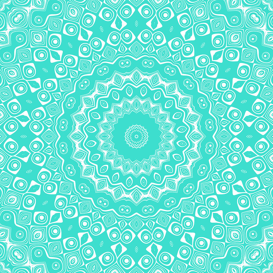 Turquoise on White Mandala Kaleidoscope Medallion Digital Art by Mercury McCutcheon