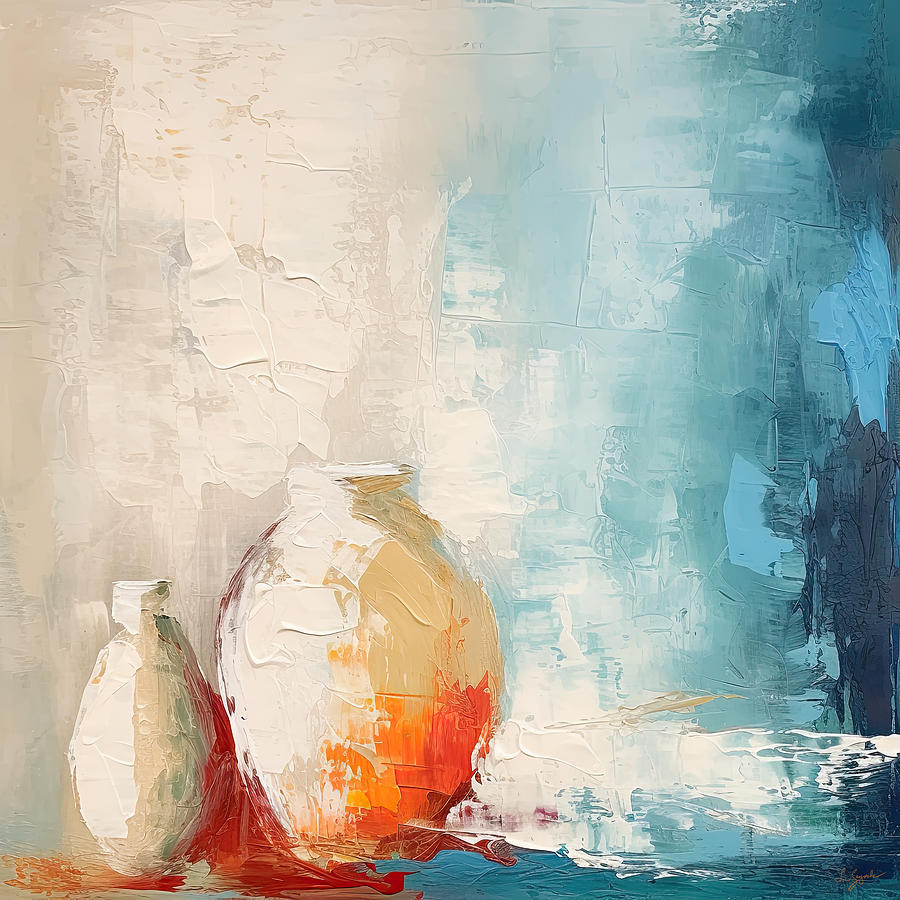 Turquoise, Orange and White Art Painting by Lourry Legarde