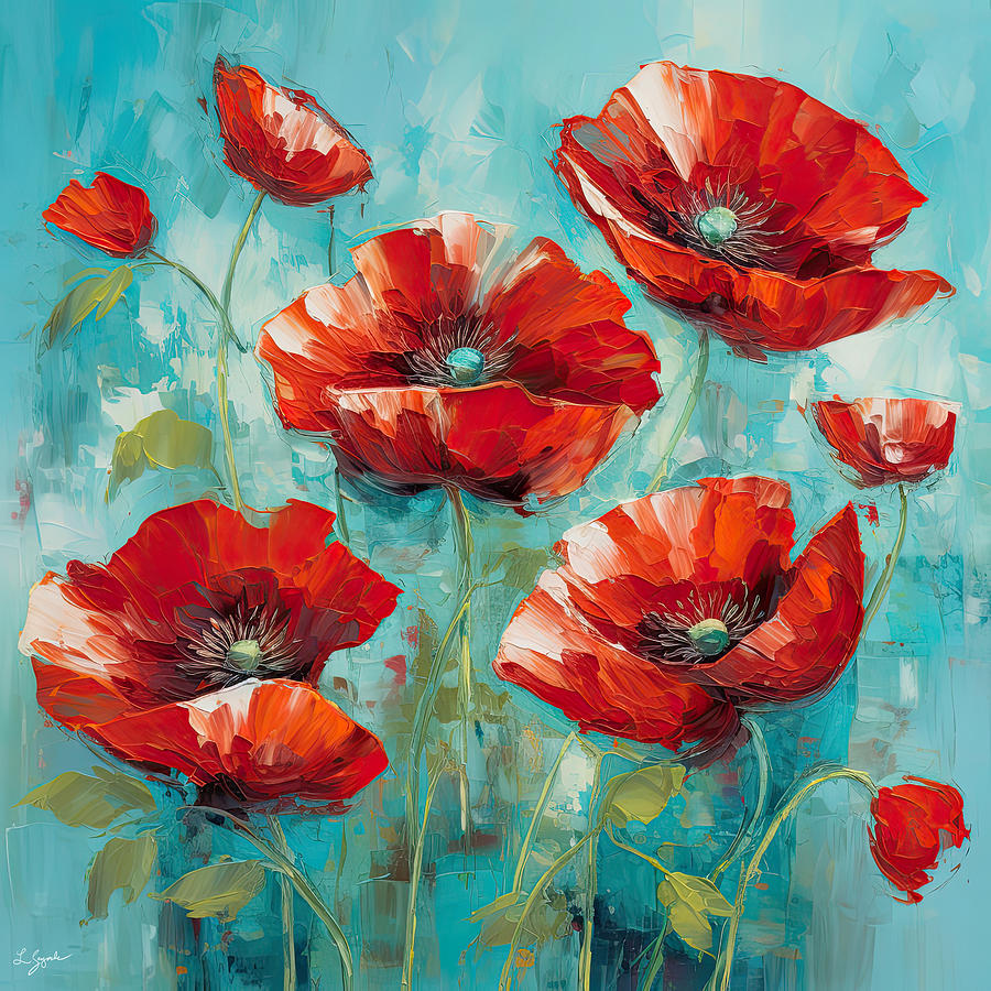 Turquoise Poppies - Red And Turquoise Art Painting by Lourry Legarde