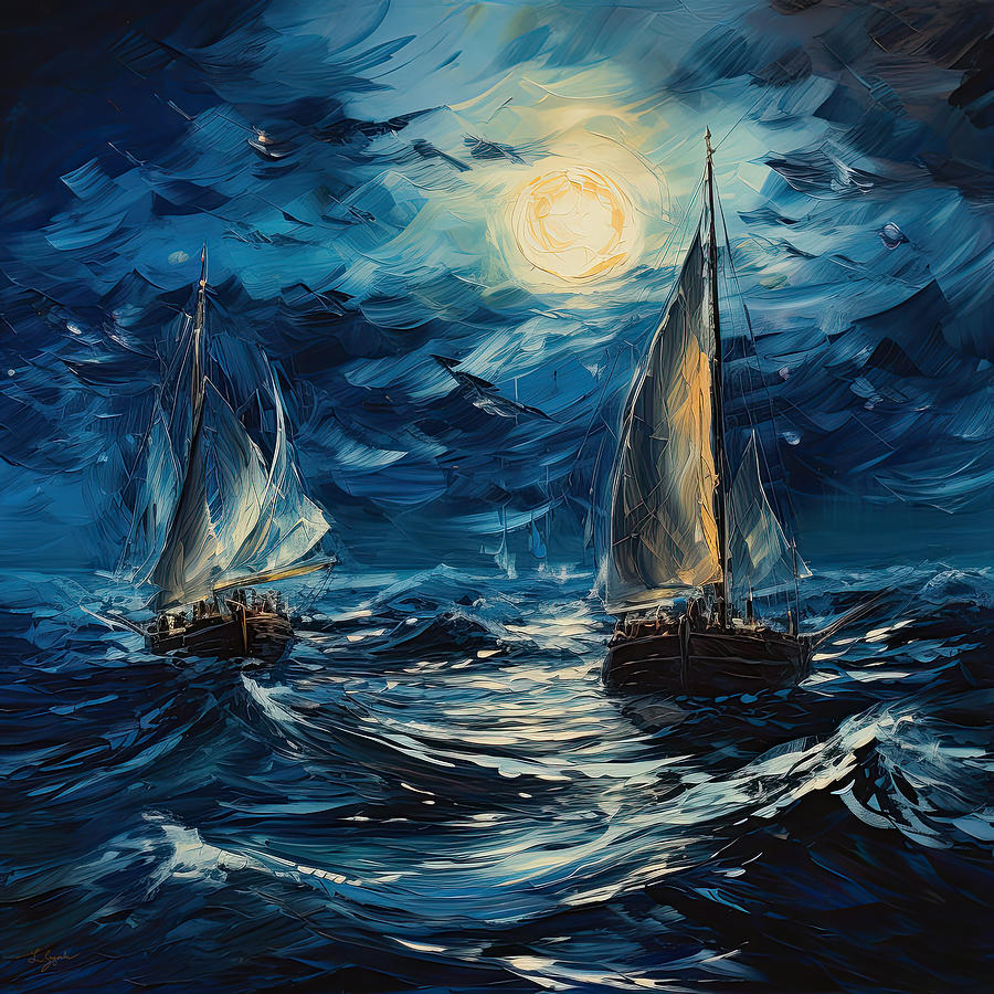 Turquoise Sailing - Moonlight Sailing Painting by Lourry Legarde