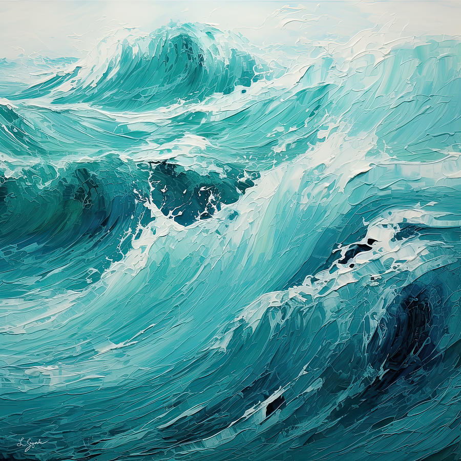 Surfing Impressionism Painting - Turquoise Splashes - Beach Waves Art by Lourry Legarde
