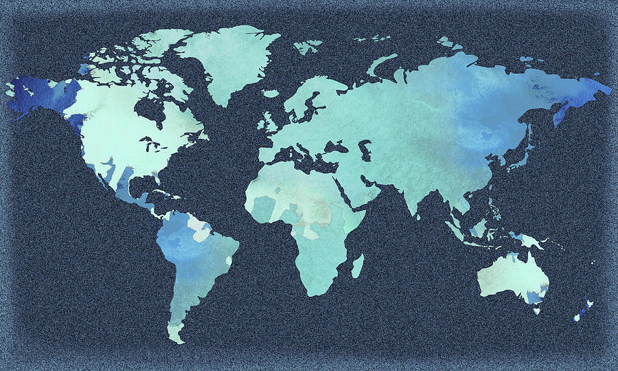 Turquoise Teal Watercolor World Map Silhouette On Indigo Blue  Painting by Irina Sztukowski