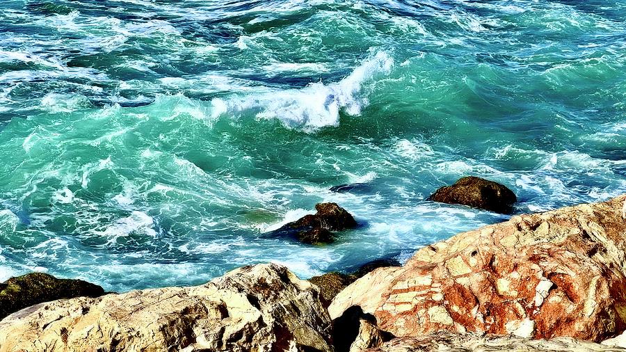 Turquoise Digital Art - Turquoise Waves and Rocky Cliffs by Pamela Storch