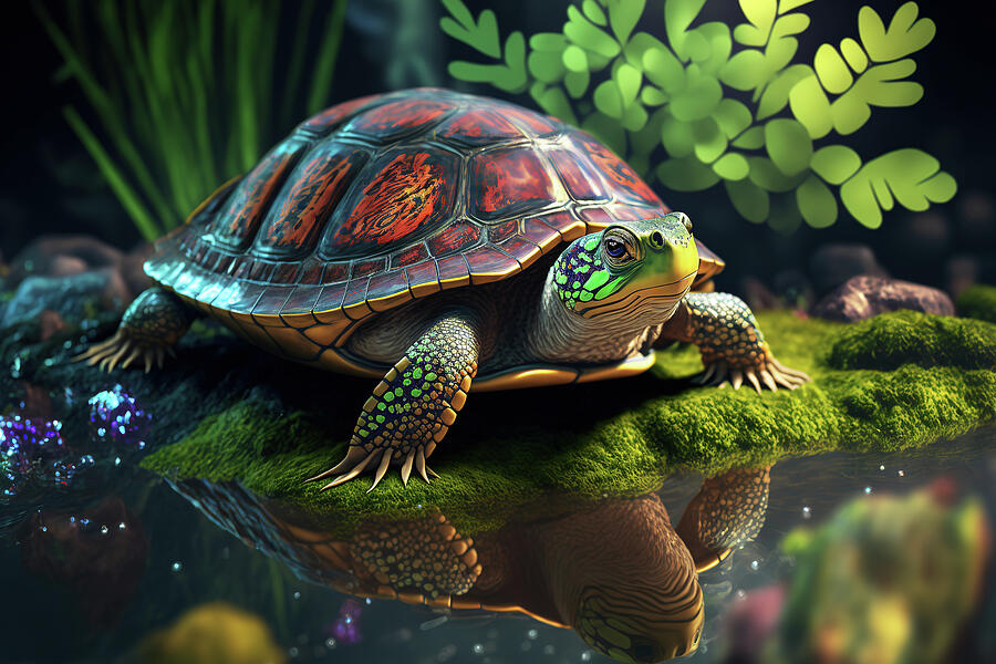 Turtle Illustration with Pond and Reflextion Digital Art by Jim Vallee
