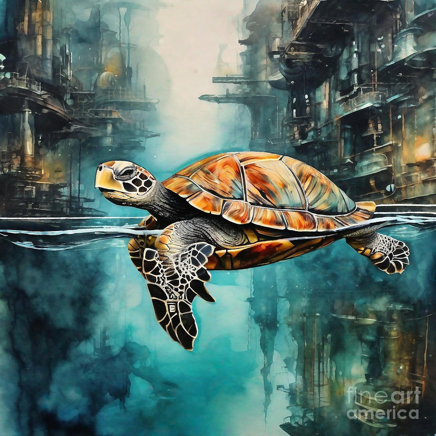Turtle In A Futuristic Steampunk Waterway Drawing