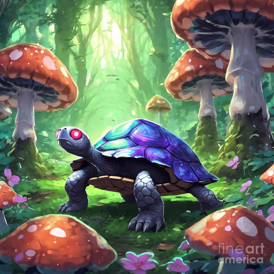 Turtle In A Garden Of Oversized Mushrooms Drawing