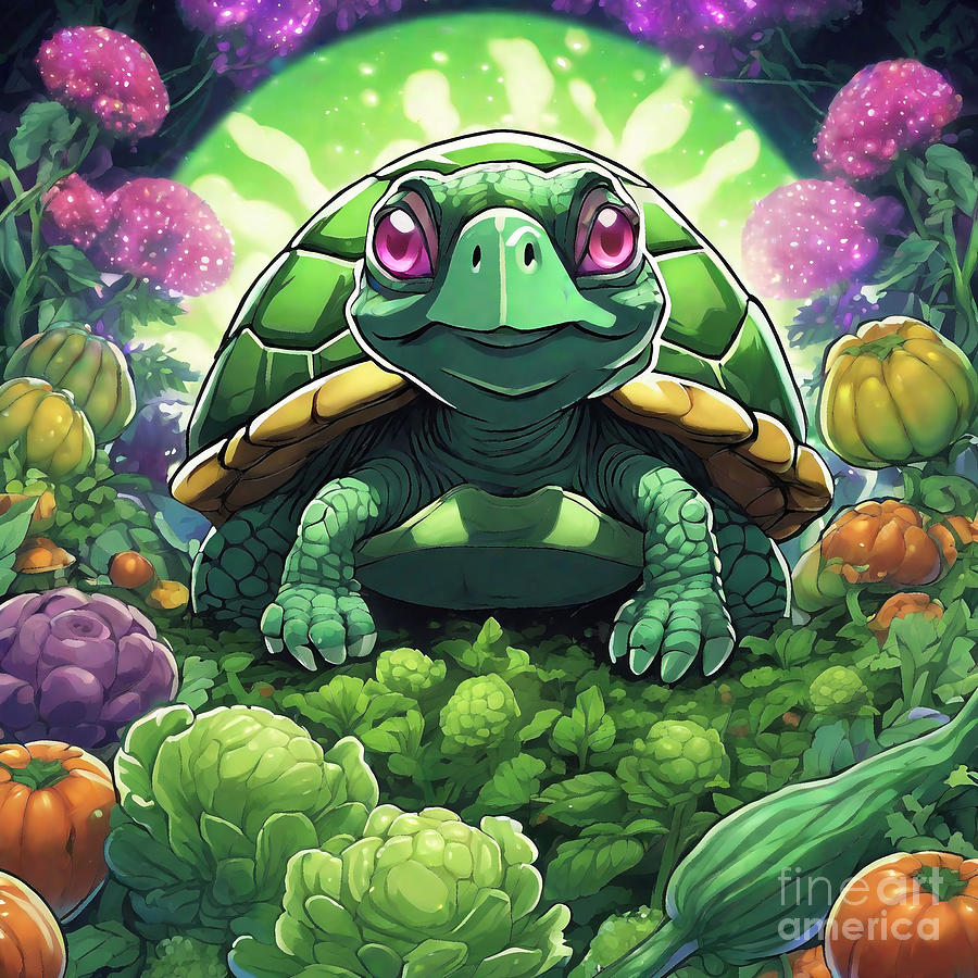 Turtle In A Garden Of Oversized Vegetables Drawing