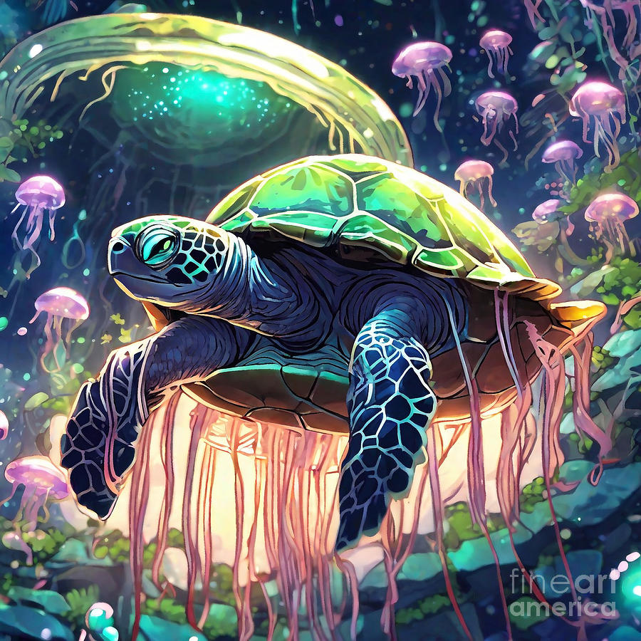 Turtle In A Glowing Jellyfish Garden Drawing