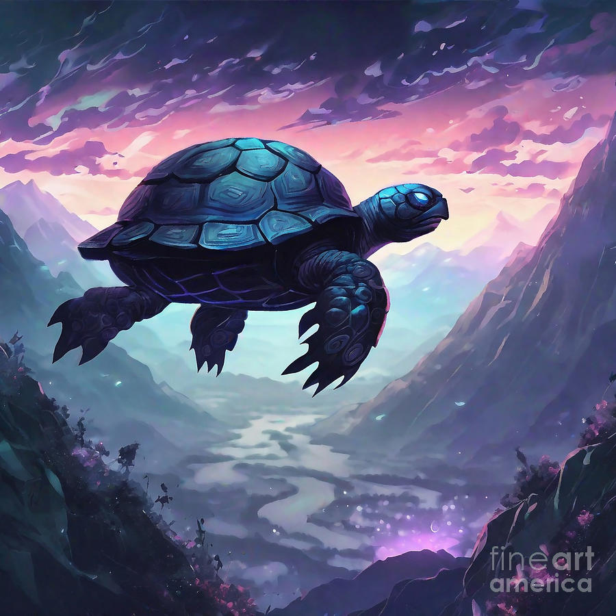 Turtle In A Misty Mountain Valley Drawing