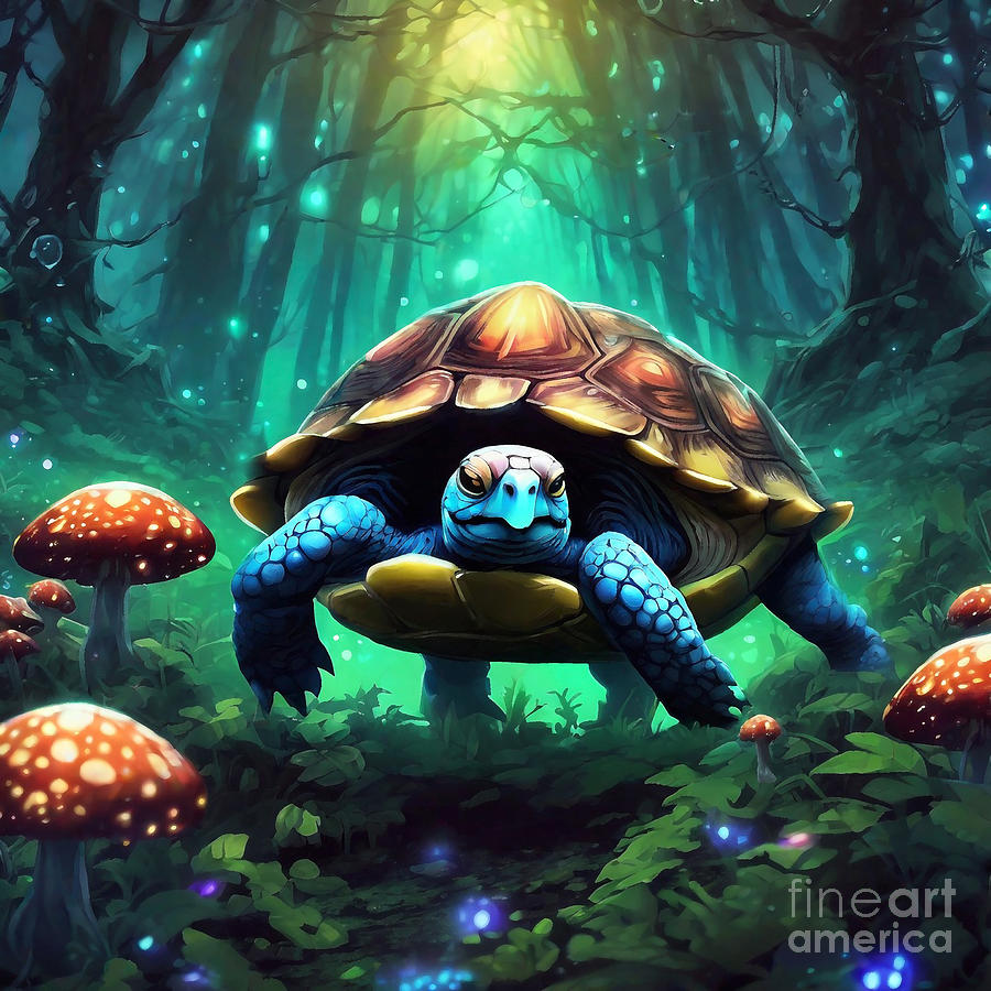 Turtle in a Mystical Forest with Glowing Mushrooms Drawing by Adrien ...