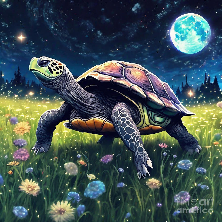 Turtle in a Starlit Meadow with Lunar Eclipse Drawing by Adrien Efren ...