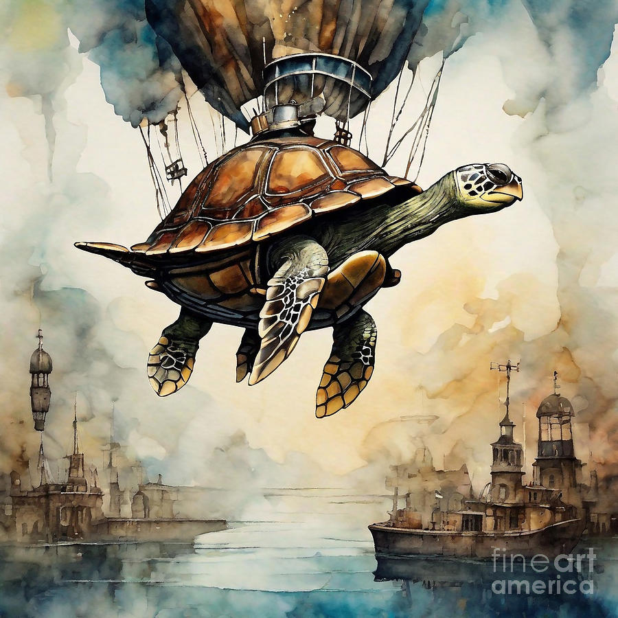 Turtle in a Steampunk Airship Adventure Drawing by Adrien Efren - Fine ...