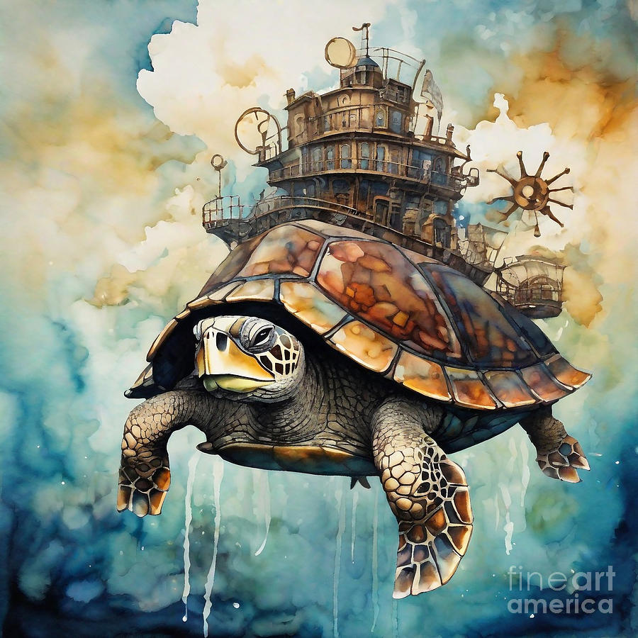 Turtle in a Steampunk Skyship Adventure Drawing by Adrien Efren - Fine ...