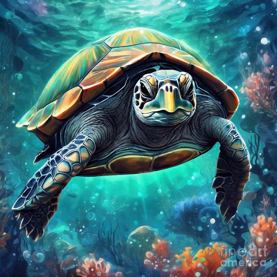 Turtle In A Surreal Underwater World With Abstract Seascapes Drawing