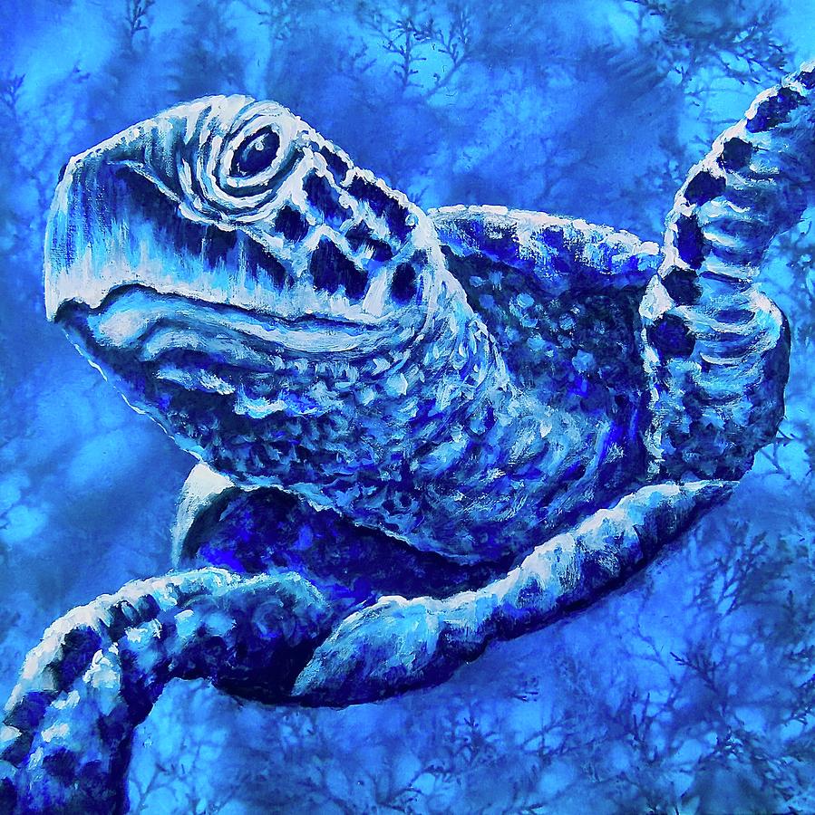 Turtle in Blue Painting by Chris Van Vooren | Pixels