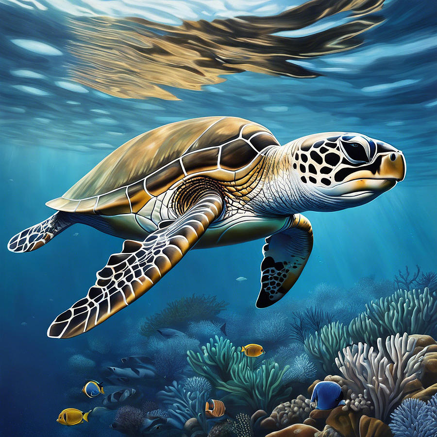 Turtle sea life swim Digital Art by John Fairest - Fine Art America