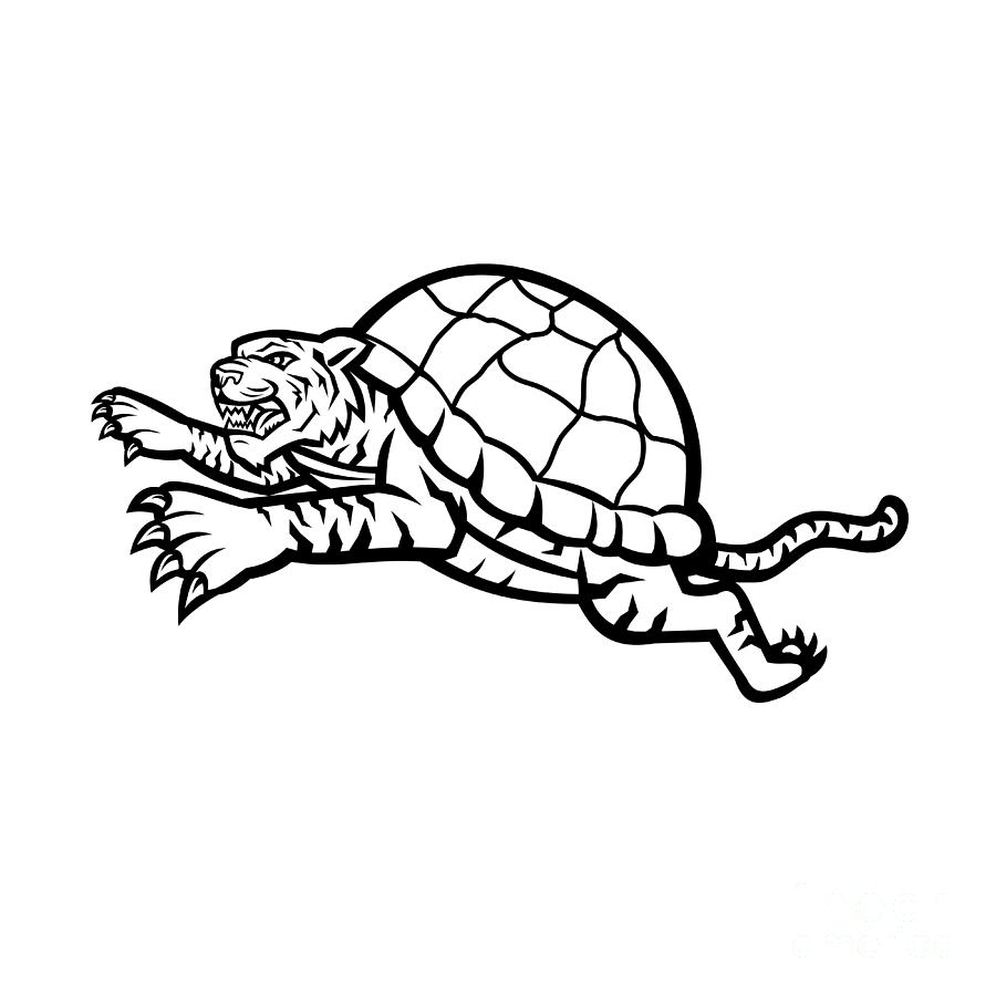 Turtle Tiger Leaping Side Black And White Digital Art