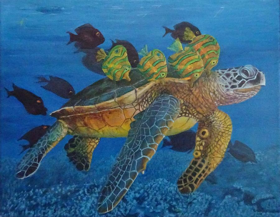 Turtle with fish Painting by Vincent Cricchio