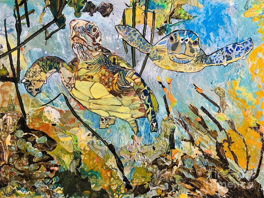 Turtles Escaping Trash Painting by Rowena Rizo-Patron