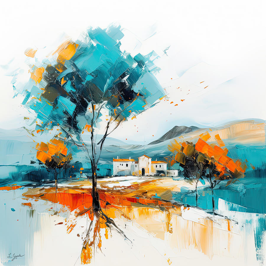 Tuscan Dream - Modern Turquoise and Orange Landscapes Painting by Lourry Legarde