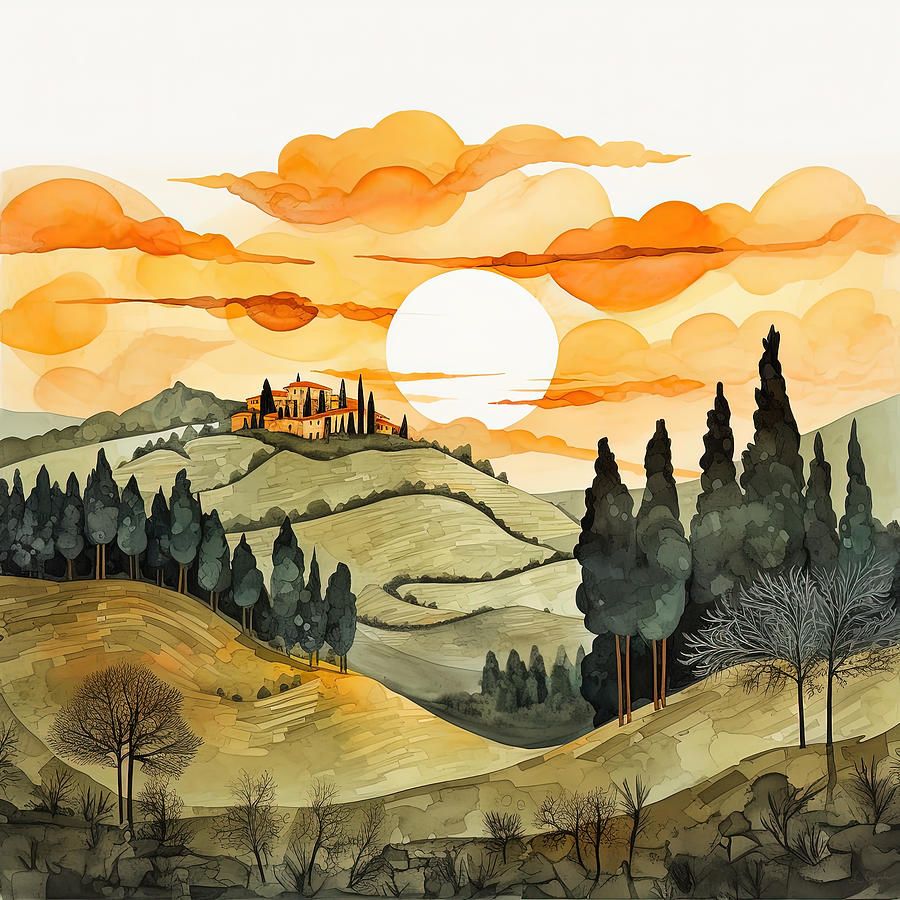 Olive Green Painting - Tuscan Rolling Hills Paintings by Lourry Legarde