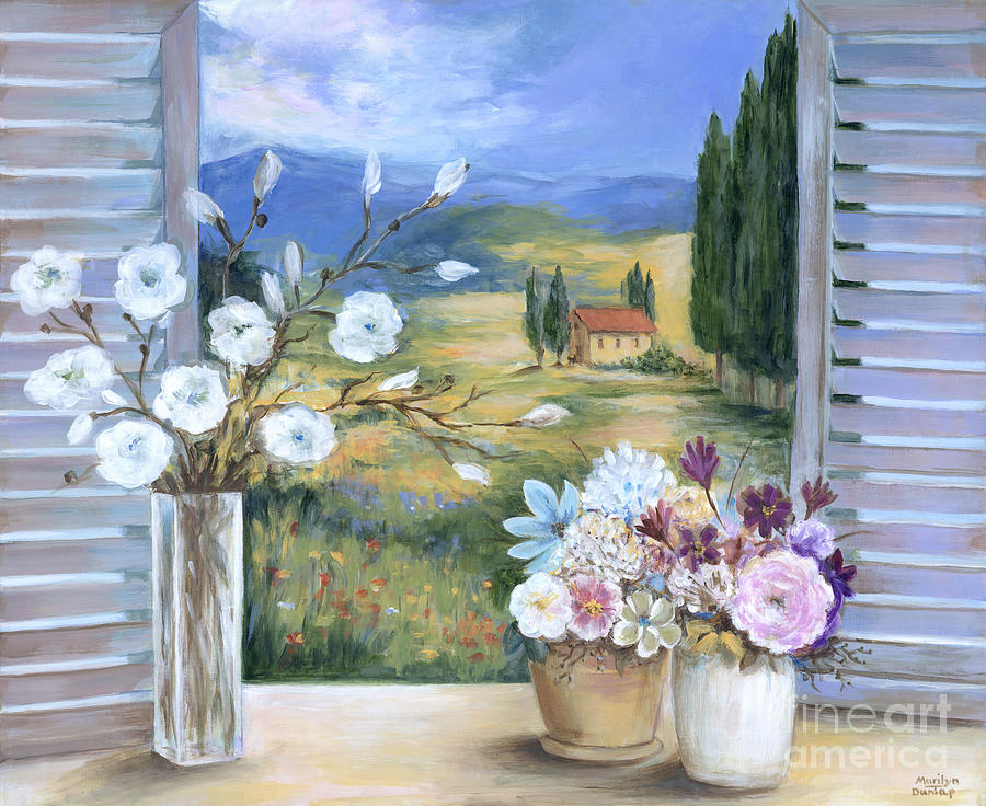 Tuscan View With Flowers Painting by Marilyn Dunlap