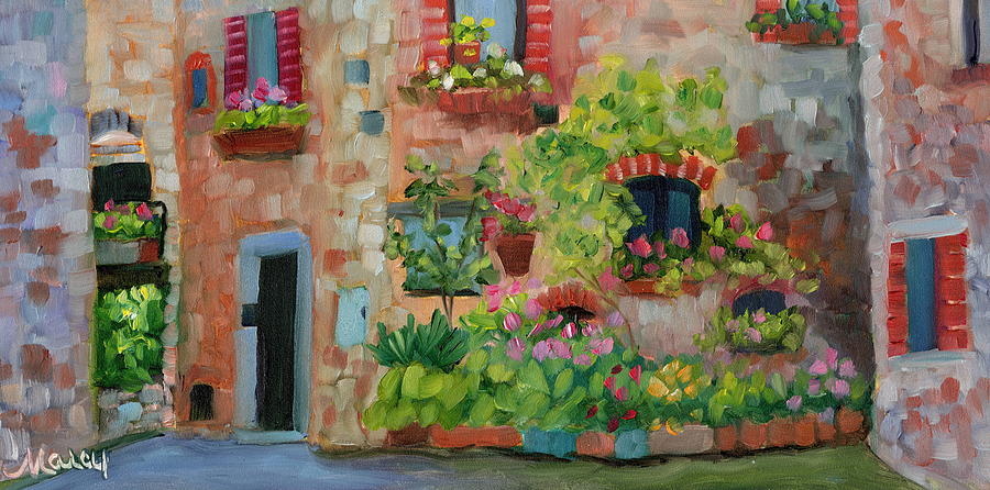 Tuscan Window Boxes Painting by Marcy Brennan