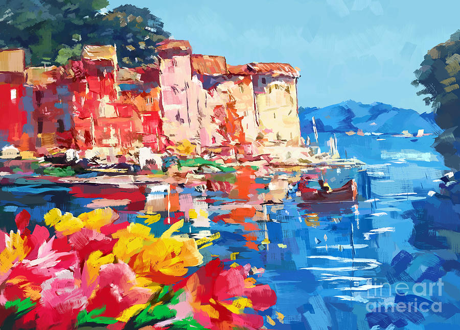 Tuscany Fishing village on the Coast 2 Painting by Tim Gilliland