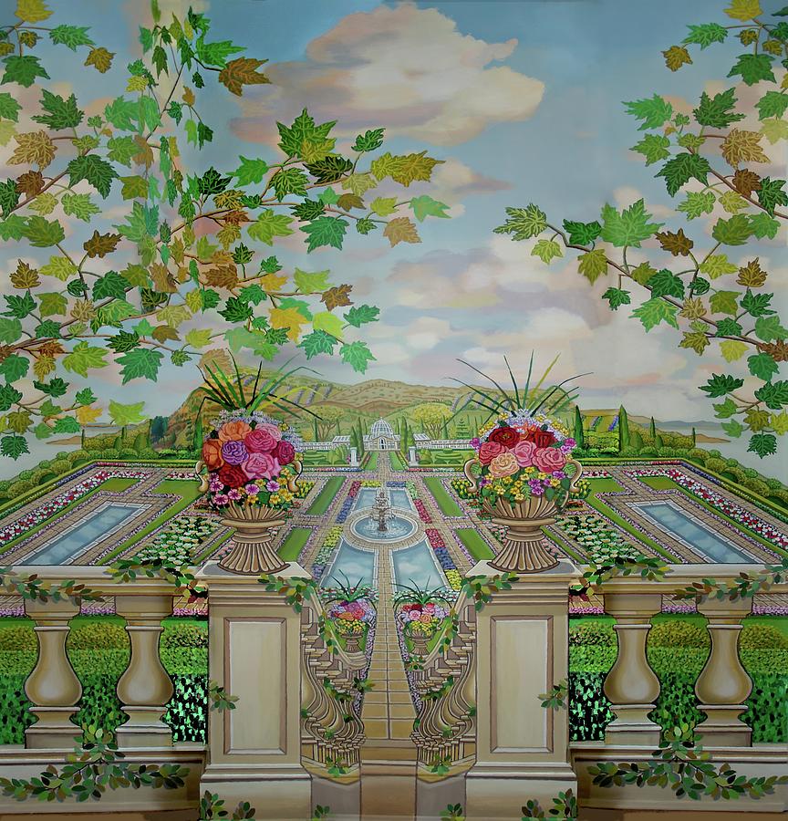 Tuscany Fountain Gardens Shower Curtain Version Painting by Bonnie Siracusa