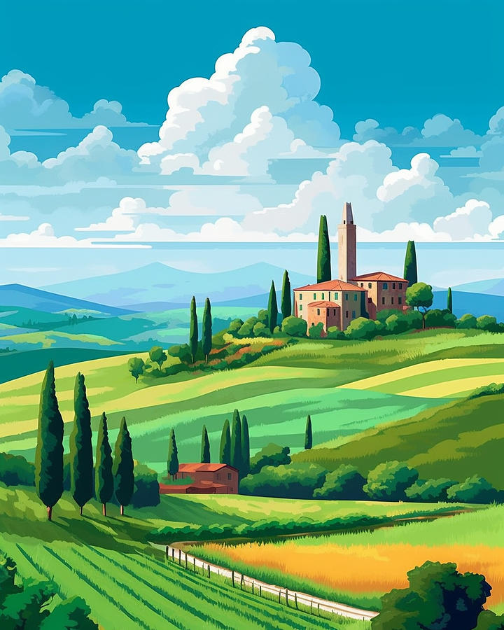 tuscany  landscape  overlooking  green  fields  by Asar Studios Painting