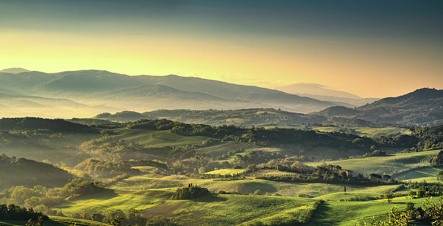 Tuscany Maremma foggy morning, farmlands and green fields. Italy Photograph by Stefano Orazzini