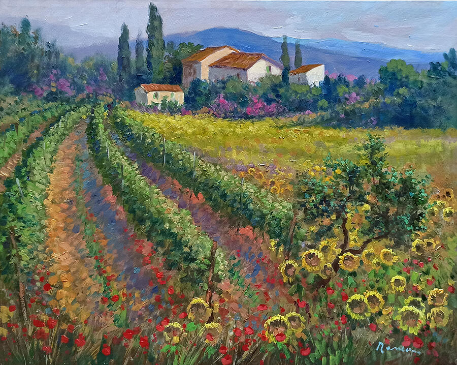 Tuscany painting - Vineyard whit sunflowers Painting by Domenico Ronca ...