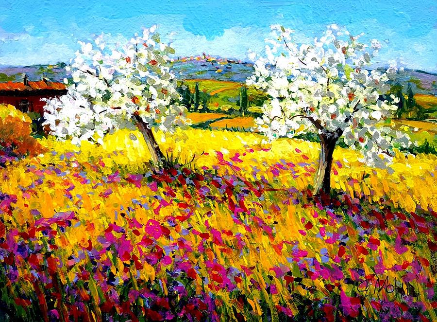 Flower Painting - Tuscany spring countryside - original Italian oil painting by Gino Masini
