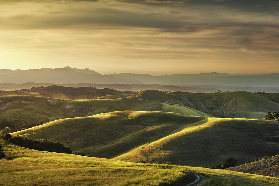 Tuscany spring, rolling hills on sunset. Rural landscape. Green  Photograph by Stefano Orazzini