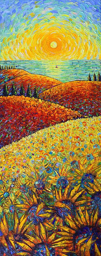 Sunflower Painting - TUSCANY SUNRISE HILLS OF SUNFLOWERS AND POPPIES BY THE SEA impasto oil painting Ana Maria Edulescu by Ana Maria Edulescu