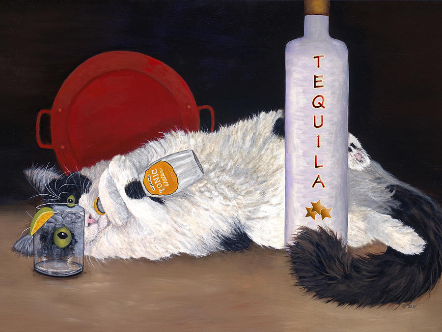 Tuxedo Cat and Tequila Painting by Karen Zuk Rosenblatt