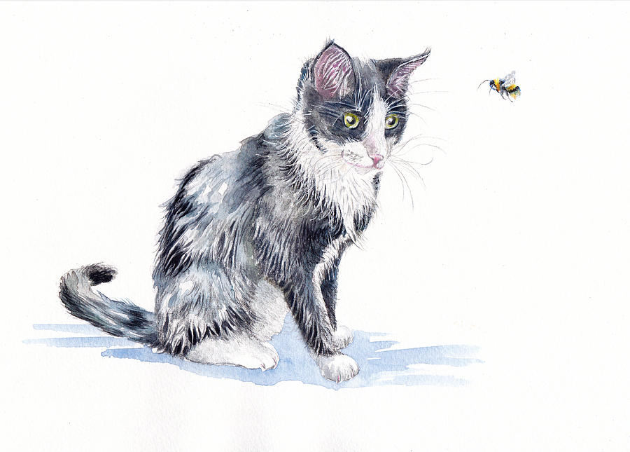 Tuxedo Cat - Bee Unsuspecting Painting by Debra Hall