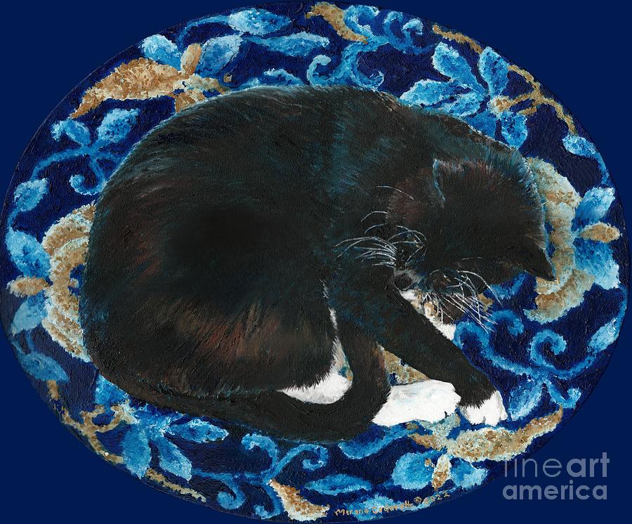 Tuxedo Cat Butterfly Dreaming, blue background Painting by Merana Cadorette